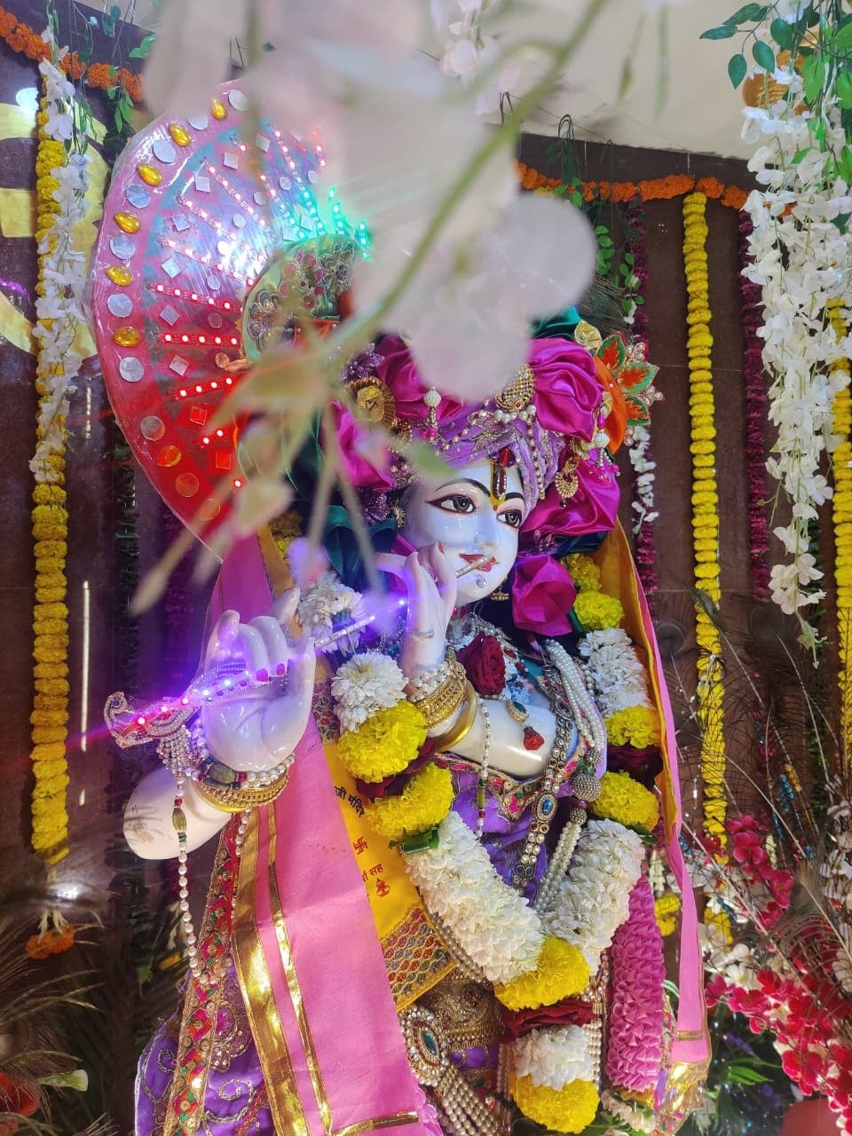Close view of Shree Gopal Krishna playing the flute, with a jewelled peacock-feather halo