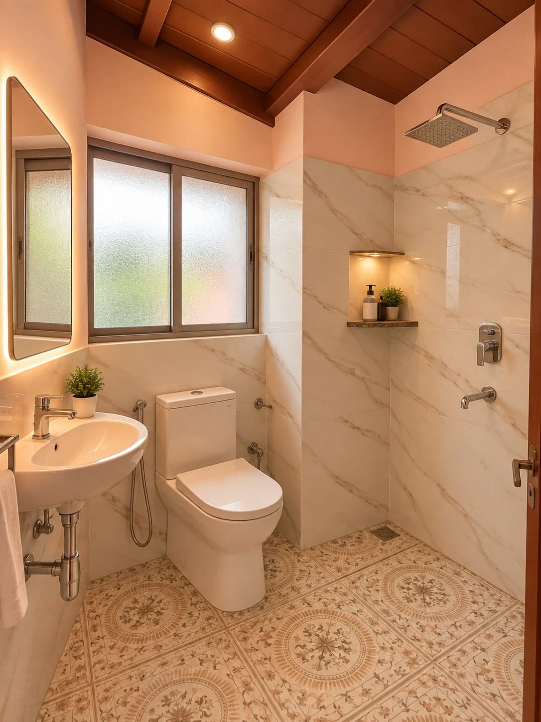 Attached bathroom with marble-finish walls, shower, wash basin and patterned floor tiles