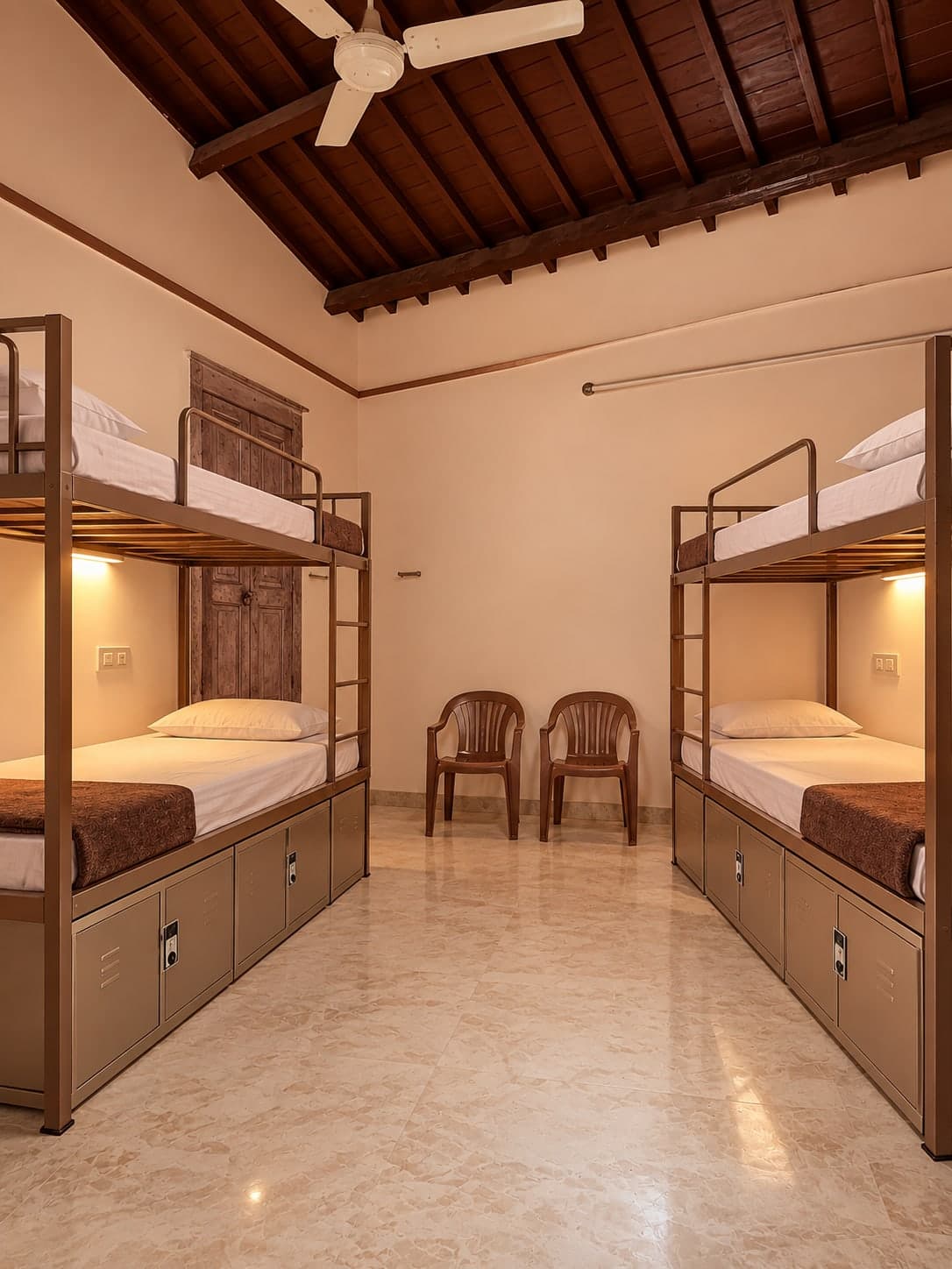 Bunk-bed room with steel bunk beds, fresh white bedding, reading lights, personal lockers beneath each bed and a wooden-beamed ceiling