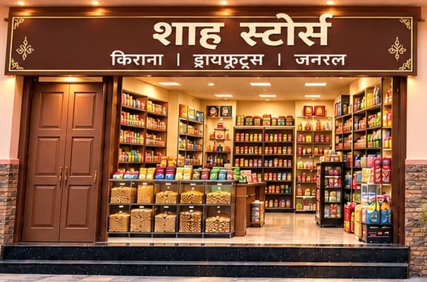 Shah Stores storefront — Kirana, Dry Fruits and General — with stocked shelves inside